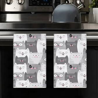 2pcs, Cartoon Cat Themed Kitchen Towels, Ultrafine Fiber, Contemporary Style, Machine Washable, Fade-Resistant Dish Towels, Home Cleaning Supplies