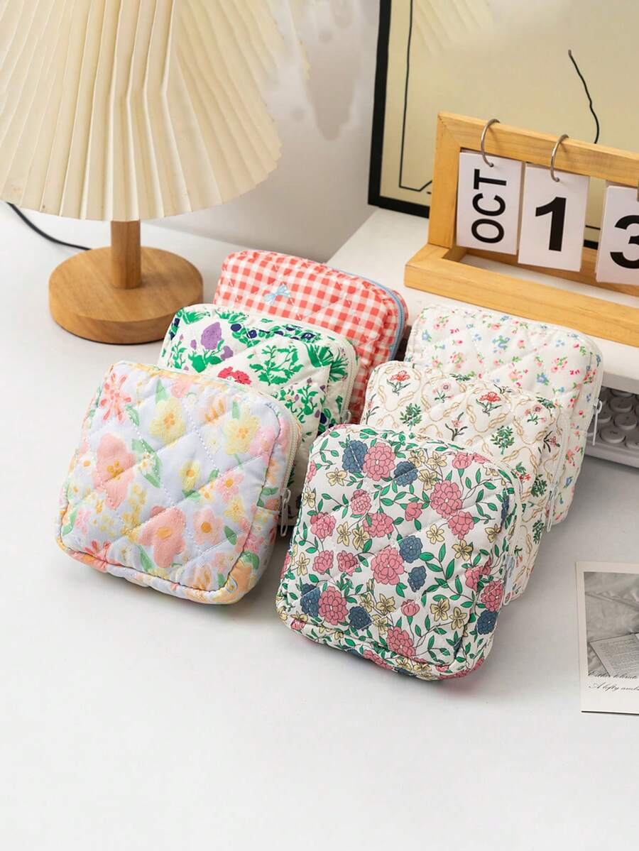 1 件全印花花卉迷你化妆品收纳袋卫生巾袋女孩卫生棉条收纳袋女士化妆包零钱包化妆包卫生棉条收纳袋内衣卫生棉条月经杯可重复使用防水旅行大学宿舍家庭浴室返校用品 - 彩色 - 查看 1