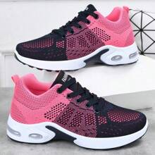 女士透气针织运动鞋，休闲系带轻质缓冲跑步鞋，适合所有季节户外穿着 - 藍玫紅 - 查看 3