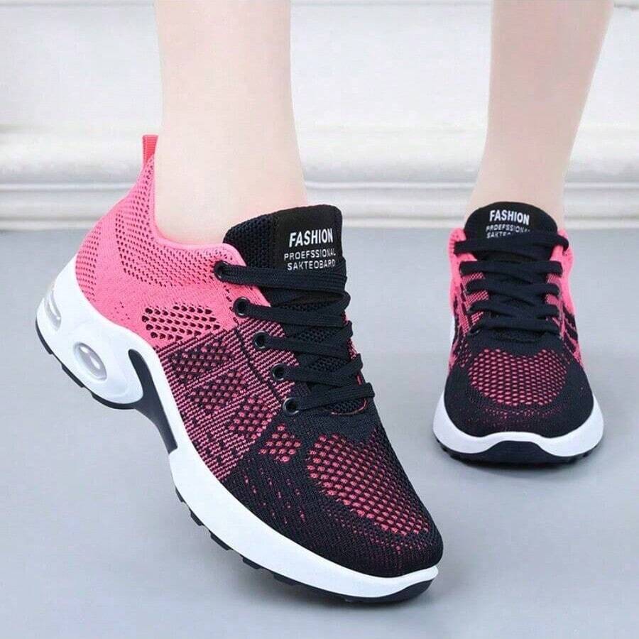 女士透气针织运动鞋，休闲系带轻质缓冲跑步鞋，适合所有季节户外穿着 - 藍玫紅 - 查看 1