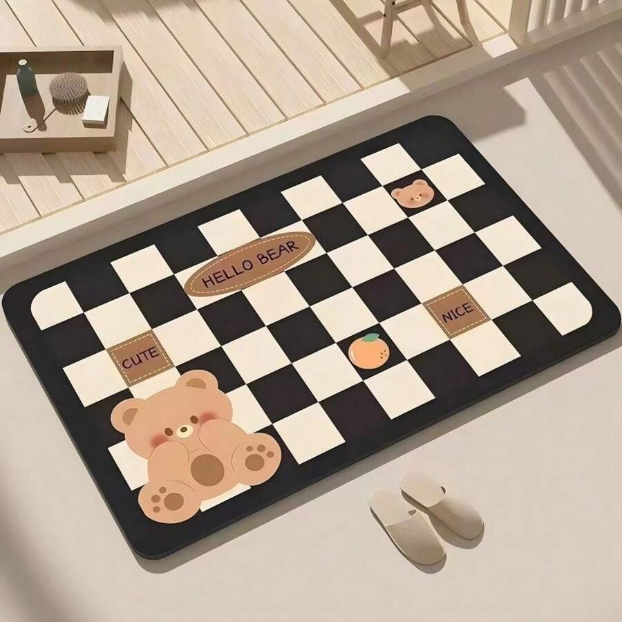 1 tấm thảm nhà tắm hình bầu dục có họa tiết kẻ caro gấu, thảm sàn mềm mại chống trượt bằng đất diatomit thấm hút, thích hợp sử dụng tại lối vào phòng tắm trong nhà - Nhiều màu - Xem 1