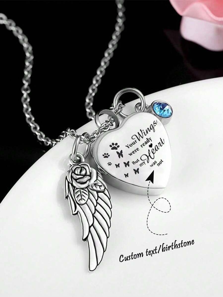 Custom Engraved Urn Charm Necklace For Human Ashes Heart Urn Pendant Personalized Cremation Memorial Jewelry Urn For Dog Ashes Pet Loss Gift Memorial Birthstone Wings Pendant Necklace To Commemorate Loved Ones Hair Pet Ashes Pendant,Commemorative Gift Valentines - Silver - View 1