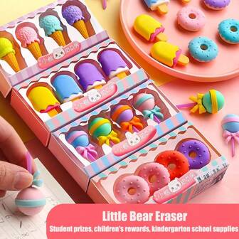 4pcs Creative Ice Cream, Lollipop, Ice Cream Cone, Donut Shaped Cartoon Eraser Set, Student Gift, Stationery Supplies, Cute Children Award Reward Eraser,Back To School