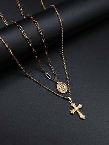 1set/2pcs Stainless Steel Cross & Disc Pendant Necklace, Retro French Style, Unisex, Valentine's Day/Mother's Day/Father's Day Gift - Yellow Gold - View 6