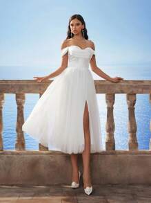 Vestido romántico de mujer HEARBOBO con hombros descubiertos, cintura ceñida y manga abullonada de malla, elegante vestido de novia para boda y fiesta