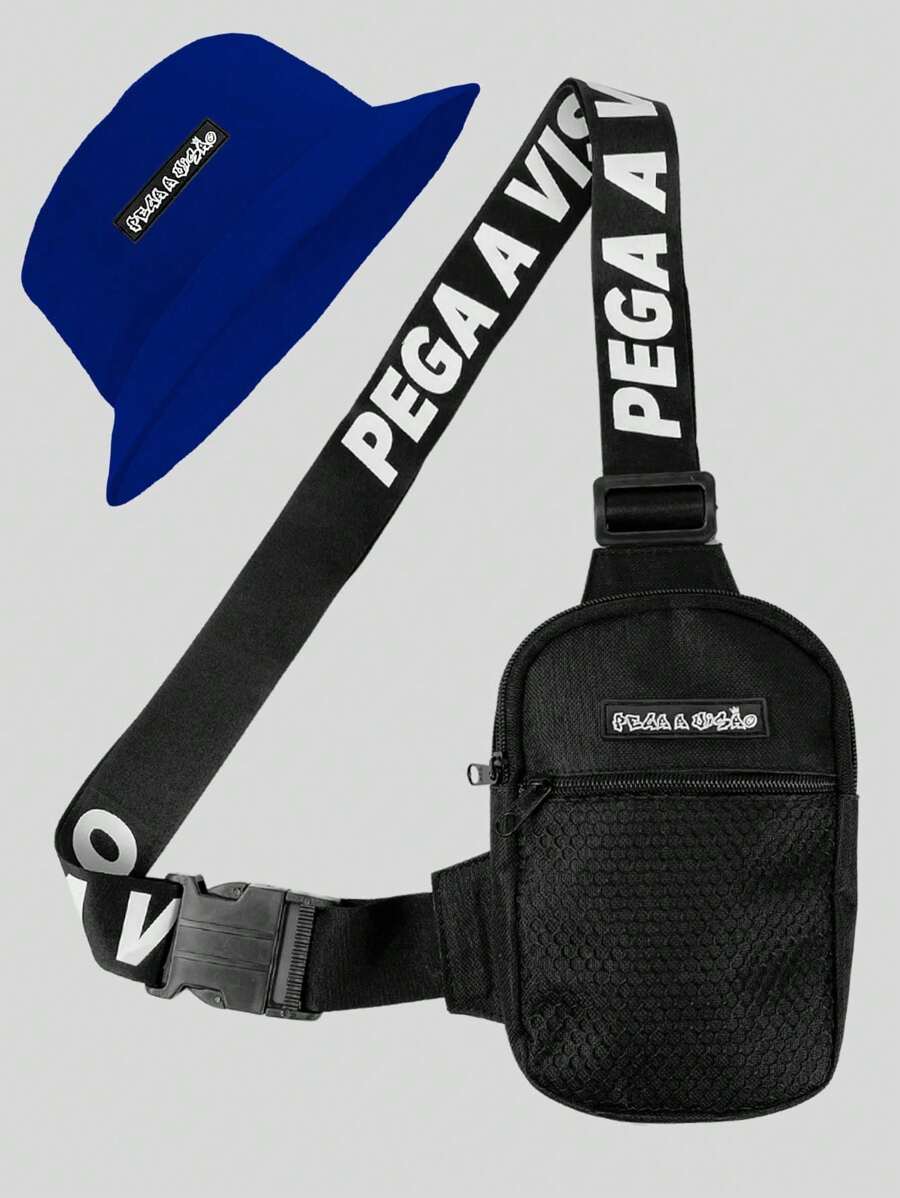Pega A Visao Shoulder Bag Mini Crossbody Bag Black Wide Strap Black + Men's Bucket Hat Colorful Eye Catcher - 藍色 - 查看 1
