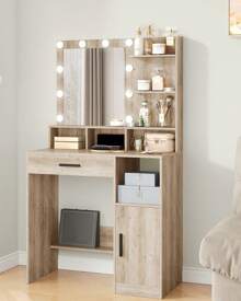 Hzuaneri Hairdresser With Miroir And 10 LED Lights, Makeup Vanité With 3 étagères And 4 Open Compartments, Hairdresser With Grand Hair And Armoire, 3 Adjustable Lights