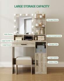 Hzuaneri Hairdresser With Miroir And 10 LED Lights, Makeup Vanité With 3 étagères And 4 Open Compartments, Hairdresser With Grand Hair And Armoire, 3 Adjustable Lights