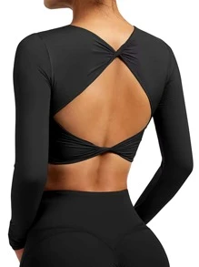 女士夏季镂空性感长袖T恤，性感黑色长袖上衣镂空服装，瑜伽透气柔软扭曲交叉背部