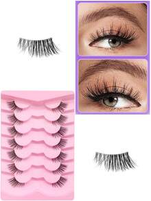 7 对，清新自然半睫毛，猫眼效果，易于使用，3D蓬松假睫毛，10 毫米短软人造貂睫毛。 - 眼尾拉長款 - 查看 3