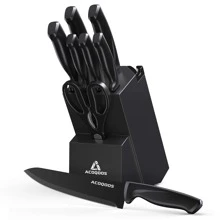 Set di coltelli con blocco, 10 pezzi, con affilatore integrato, per uso in cucina - Set di coltelli da cucina nero ACOQOOS