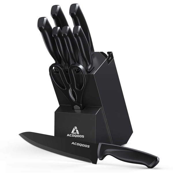 Set di coltelli con blocco, 10 pezzi, con affilatore integrato, per uso in cucina - Set di coltelli da cucina nero ACOQOOS
