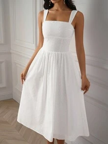PARTHEA Vestido bodycon franzido com decote quadrado e costas nuas, renda emendada, bordado - Branco - Ver 9