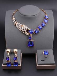 1set Fashionable Blue Crystal Leopard Necklace, Earrings And Ring Jewelry Set, Suitable For Women To Wear At Weddings, Dances, Parties And Banquets