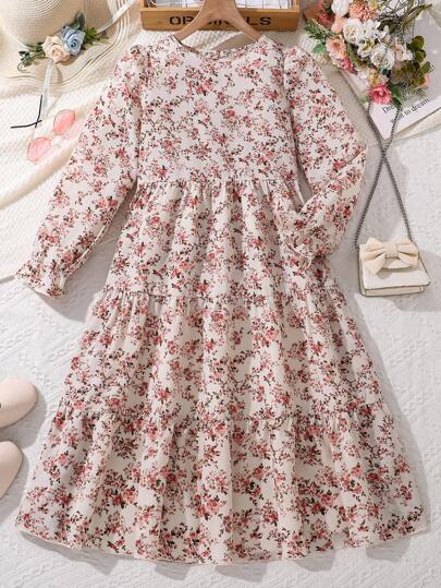 Tween Girl Leopard Print Long Sleeve Dress, Spring And Autumn
