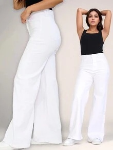 White Straight Tube Wide-Leg Jeans, Fashionable Comfortable Ripped, High-Rise Style