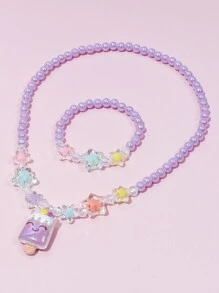 2 件套女孩可爱独角兽吊坠项链手链串珠首饰套装，适合女孩节日派对生日礼物，日常佩戴，颜色随机