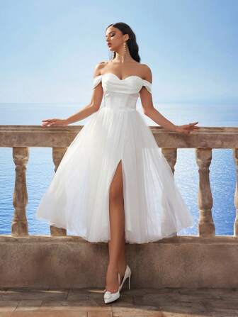 HEARBOBO 女士露肩收腰网纱浪漫蓬蓬裙，优雅新娘礼服，适合婚礼和派对穿着