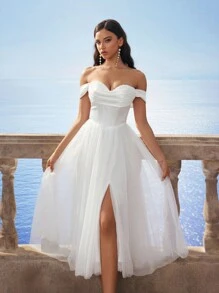 Vestido romántico de mujer HEARBOBO con hombros descubiertos, cintura ceñida y manga abullonada de malla, elegante vestido de novia para boda y fiesta