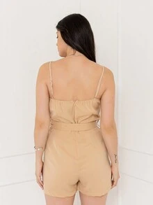 Imported Women's One-Piece Pure Color Shorts With Drawstring Belt, Adjustable Suspender Strap, Chest Cotton, Lining, Fabric Comfort, Bottom Shorts With Pockets, Model Number Is MF24001 - 卡其色 - 查看 6