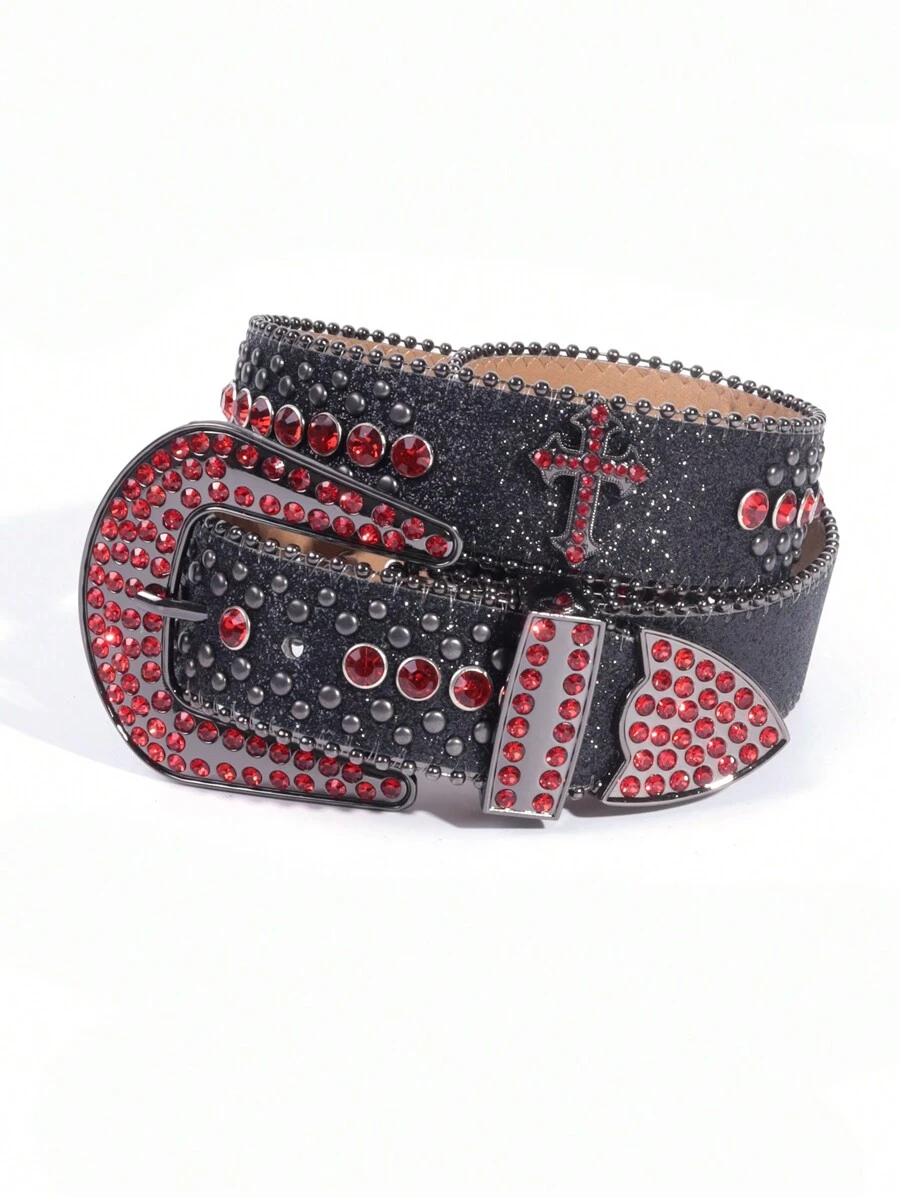 Rhinestone Embellished Cross Buckle Glittery Western Cowgirl Belt, Zinc Alloy Crystal Cross Studded Belt, Suitable For All Seasons Valentine's Day Valentines - A - Xem 1