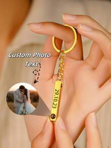 1 móc khóa ảnh tùy chỉnh, móc khóa ảnh chiếu hình chữ nhật bằng thép không gỉ, móc khóa ảnh chiếu màu tùy chỉnh, móc khóa khắc tên và ngày tháng tự làm, quà tặng kỷ niệm, móc khóa ảnh và văn bản tùy chỉnh cho cặp đôi - Vàng - Xem 12