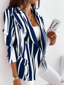 Áo khoác Blazer in họa tiết hai hàng khuy dành cho nữ, bán chạy nhất mùa thu/đông - Màu xanh lam - Xem 1