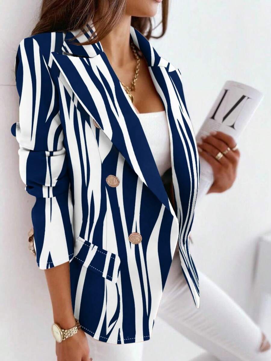 Áo khoác Blazer in họa tiết hai hàng khuy dành cho nữ, bán chạy nhất mùa thu/đông - Màu xanh lam - Xem 1