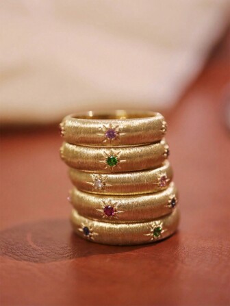 1pc Original All-Match S925 Sterling Silver Brushed 8-Pointed Star Colorful Zirconia Retro Luxury Women Ring, Suitable For Ladies Daily Wear, Festival & Party Gift Jewelry