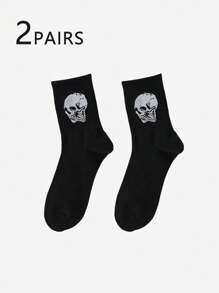 多双男士骷髅与魔鬼图案中筒袜，黑白相间，时尚百搭，柔软舒适，吸湿排汗，适合秋季穿着