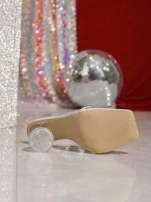 Women's Square Toe Metal Chain High Heel Sandals, European American Fashion Strap Crystal Heels Slides - Apricot - View 5