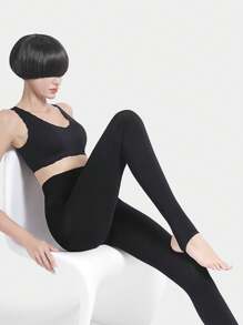 1 件女士黑色加厚保暖内衬马镫紧身裤，冬季保暖瘦腿压缩裤 - 彩色 - 查看 7