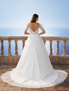 New Ruffled Sleeve Lace & Mesh Backless Wedding Dress - White - View 3