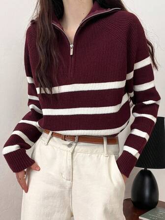 Stripe Print Zip Neck Relaxed Fit Knit Sweater