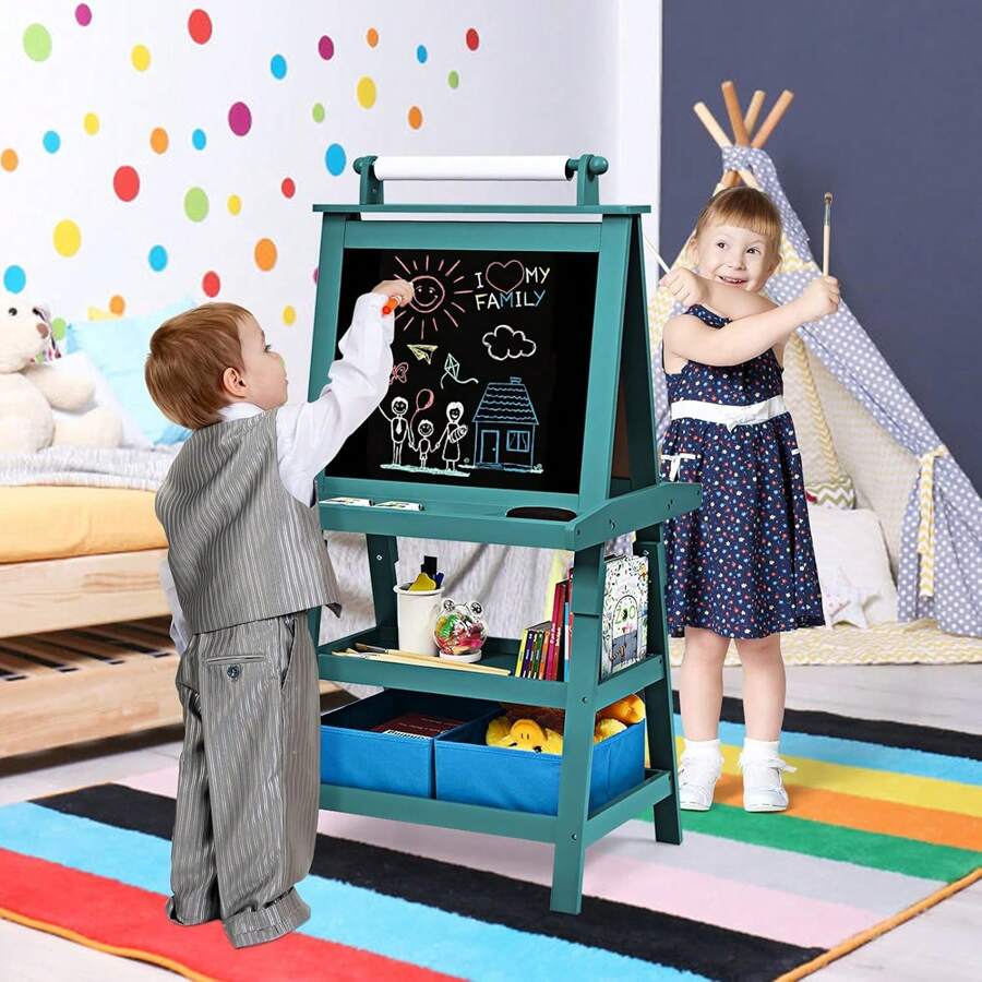 3 In 1 Standing Board, Magnetic Whiteboard & Chalkboard, Double-Sided Easel With Storage Box, Drawing Board, Writing Board, Children's Board Including Drawing Paper And Magnets, Suitable As A Christmas Gift For Children - 藍色 - 查看 1