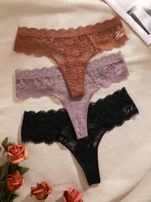 3 件装 女士蕾丝透气低腰性感丁字裤内裤 - 彩色 - 查看 5