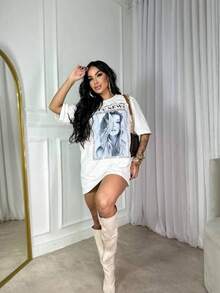 Women's Short Sleeve Oversided Round Neck Shirt, Elastane And Cotton Fabric, Printed City New, Classic, PeB, Comfortable, Elegant, Trap Rap, Stylish, Beautiful, Promotion, Summer Fashion 2025 - 白色 - 查看 2