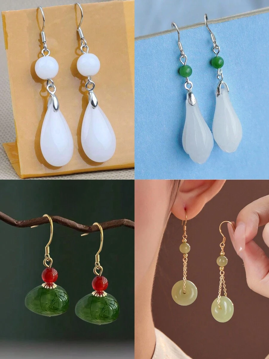 4 对复古风格绿色吊坠耳环，百搭优雅女士珠宝套装 - 四件套 - 查看 1