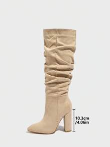 Women's Pointed Toe Ruched Chunky High Heel Slip On Fashion Boots, Sexy Knee High Boots, Suede Khaki, Autumn/Winter,Match With Jeans