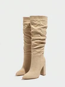 Women's Pointed Toe Ruched Chunky High Heel Slip On Fashion Boots, Sexy Knee High Boots, Suede Khaki, Autumn/Winter,Match With Jeans