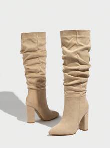 Women's Pointed Toe Ruched Chunky High Heel Slip On Fashion Boots, Sexy Knee High Boots, Suede Khaki, Autumn/Winter,Match With Jeans
