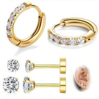 男女款小号金质环形耳环，耳廓钢质铰链耳环，精致海螺耳屏穿孔珠宝 CZ 平背耳钉