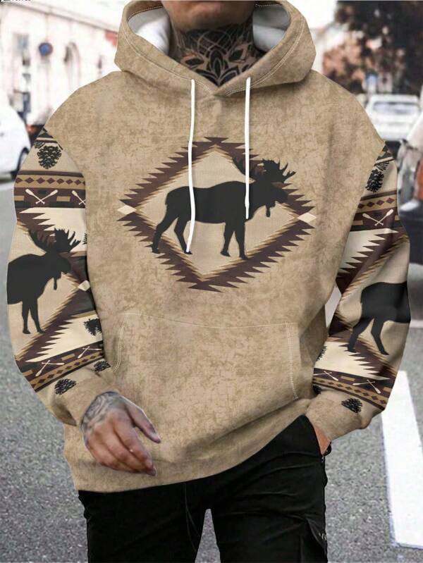 Sudadera con capucha con estampado de ciervo de estilo retro para hombre, para primavera y otoño