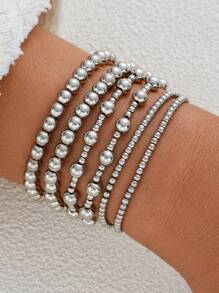 6 件串珠 CCB 手链女士金色弹力珠球手链堆叠套装可调节手链套装适合送礼，搭配日常服装、派对配饰 - 彩色 - 查看 12