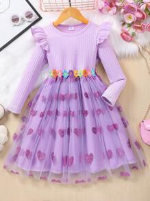 Girls' Long Sleeve Purple Round Neck Ribbed Ruffle Heart Mesh Overlay Dress, Suitable For Birthday Party - Purple - View 1
