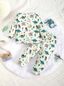 Bộ 2 quần áo thun dài tay in hình khủng long hoạt hình dễ thương cho bé trai và quần dài, Xuân/Thu - Nhiều màu - Xem 2