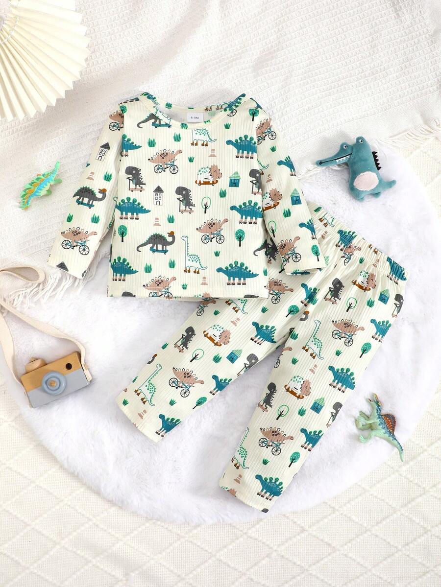 Bộ 2 quần áo thun dài tay in hình khủng long hoạt hình dễ thương cho bé trai và quần dài, Xuân/Thu - Nhiều màu - Xem 1