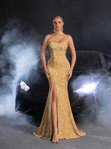 Faeriesty Vestido de Noiva - Decote de Coração Tomara que Caia com Enfeites de Corrente de Contas em Cascata, Fenda na Coxa e Cauda de Sereia Elegante para Cerimônias Nupciais, Casamentos em Igreja, Galas Formais, Recepções Noturnas, Eventos de Tapete Vermelho de Luxo - Champanhe - Visão 2