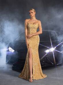 Faeriesty Vestido de Noiva - Decote de Coração Tomara que Caia com Enfeites de Corrente de Contas em Cascata, Fenda na Coxa e Cauda de Sereia Elegante para Cerimônias Nupciais, Casamentos em Igreja, Galas Formais, Recepções Noturnas, Eventos de Tapete Vermelho de Luxo - Champanhe - Visão 5