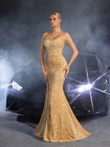 Faeriesty Vestido de Noiva - Decote de Coração Tomara que Caia com Enfeites de Corrente de Contas em Cascata, Fenda na Coxa e Cauda de Sereia Elegante para Cerimônias Nupciais, Casamentos em Igreja, Galas Formais, Recepções Noturnas, Eventos de Tapete Vermelho de Luxo - Champanhe - Visão 6